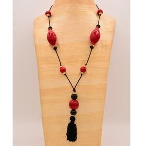 Vintage Tassel Necklace Black Cord Red Glass Gold Beaded Chunky V Signed Bin3C